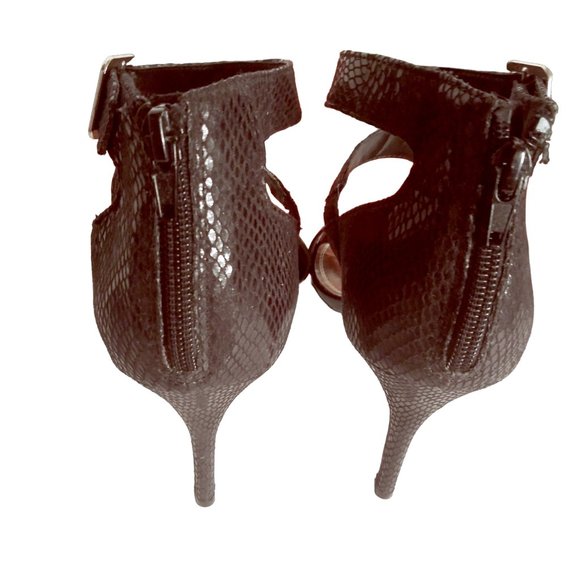 Black Textured Open Toe Olena Heels,  Black Strappy Animal Print Stilettos Heels - Picture 8 of 14